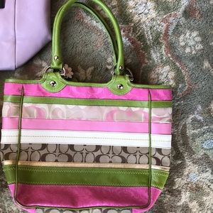 COACH BAG. green and pink striped